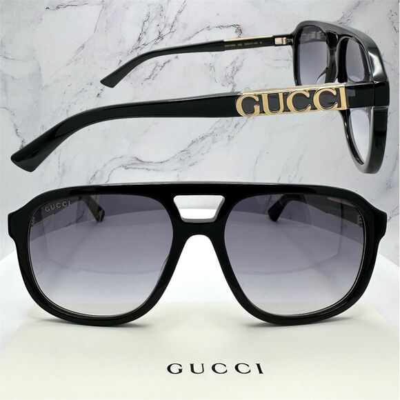 New GUCCI Sunglasses Black Acetate Pilot Aviator 58mm Navigator Gold Metal Logo